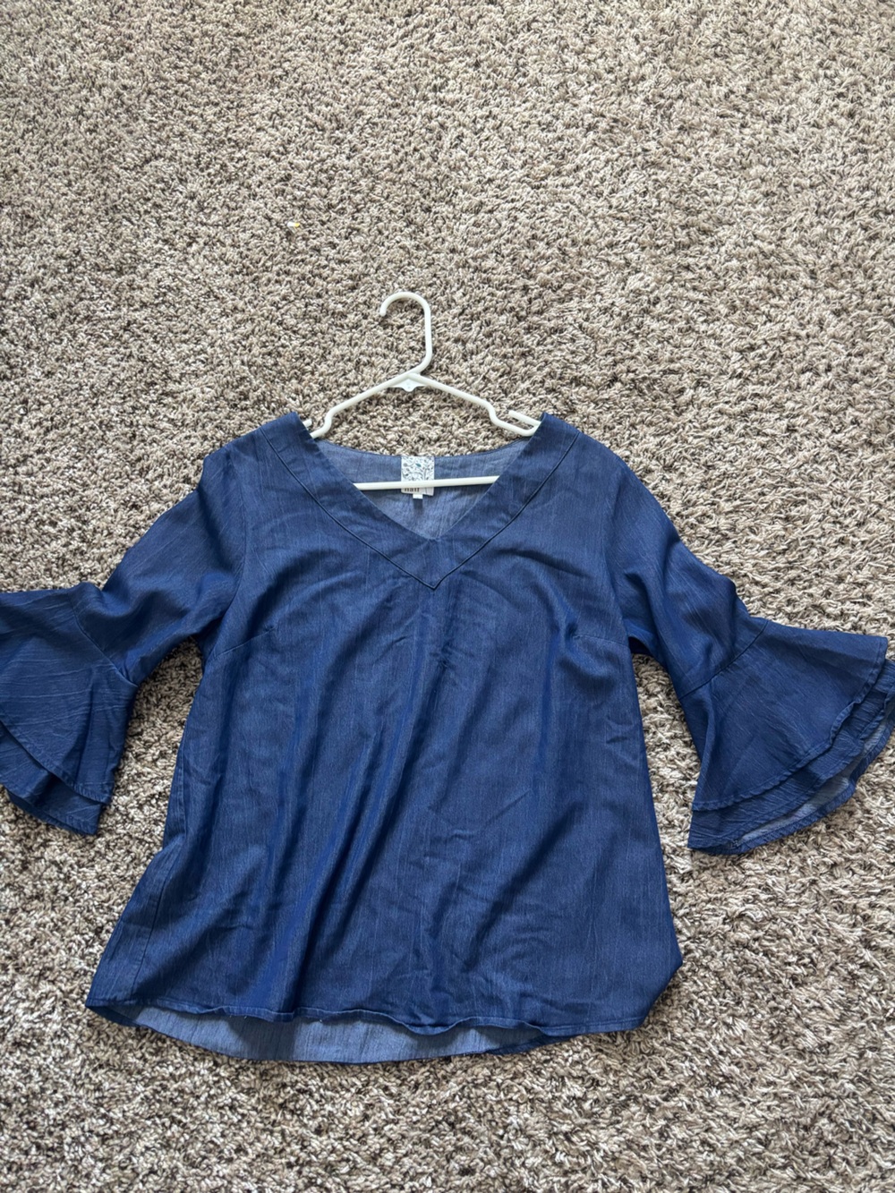 Navy V-Neck Ruffle Sleeve Top